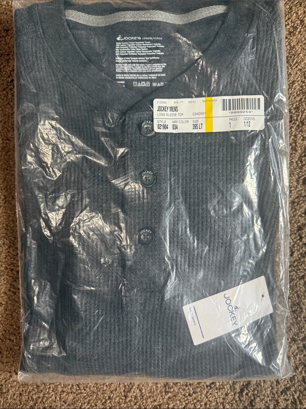 Jockey Menβs Waffle Henley Long Slv Shirt Grey Size LT NIP